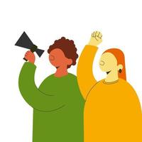 Two protesters with raised fists and megaphones at a demonstration. Color flat vector illustration