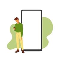 Phone template with correspondence next to a sad man. Vector illustration