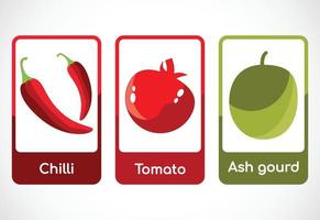 Vegetable flashcards for kids. Educational cards for preschool. Printable vector illustration