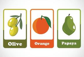 Tarjetas de frutas para niños. tarjetas educativas para preescolar. ilustración vectorial imprimible vector