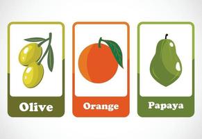 Fruit flashcards for kids. Educational cards for preschool. Printable vector illustration