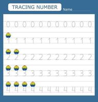 Numbers for kids. Worksheet for kindergarten and preschool. Training to write and count numbers with backpacks vector