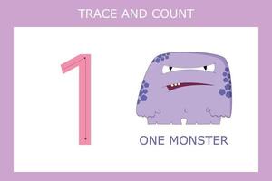 Numbers for kids. Worksheet for kindergarten and preschool. Training to write and count numbers with funny monsters vector