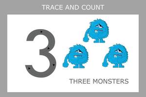 Numbers for kids. Worksheet for kindergarten and preschool. Training to write and count numbers with funny monsters vector