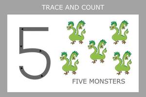 Numbers for kids. Worksheet for kindergarten and preschool. Training to write and count numbers with funny monsters vector