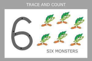 Numbers for kids. Worksheet for kindergarten and preschool. Training to write and count numbers with funny monsters vector