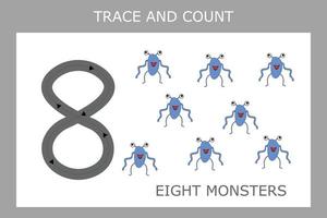 números para niños. hoja de trabajo para jardín de infantes y preescolar. entrenamiento para escribir y contar números con monstruos divertidos vector