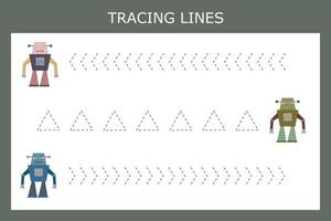 Trace line worksheet with robots for kids, practicing fine motor skills.  Educational game for preschool children. vector