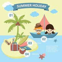 Summer Travel Card in retro Style. Vintage Vacation Postcard with Summer Items in Old Infographics Style. Vector Illustration.