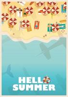 Set of summer travel flyers with beach items and wave. Top view. Vector illustration