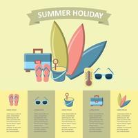 Summer holiday vacation with a surfboard on beach. Icons and elements for graphics, website, and infographics design. Vector illustration