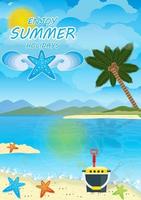 beautiful summer on tropical beach with coconut trees, sun and decorative element. background summer design with blank space for text. vector