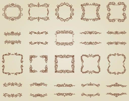 Vintage calligraphic Retro elements. decorative frames, flourish dividers, borders. beautiful swirls sink decorated with motifs and scrolls. circle, square and rectangular frames for cards