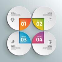 Four colorful elements with linear icons and place for text inside placed around circle. Concept of SWOT-analysis or strategic planning technique. Infographic design template. Vector illustration.