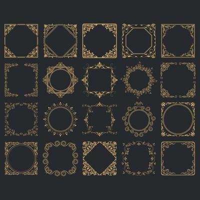 Vintage calligraphic elements. decorative golden victorian frames, flourish dividers, borders. beautiful swirls sink decorated with motifs and scrolls. circle, square and rectangular frames for cards