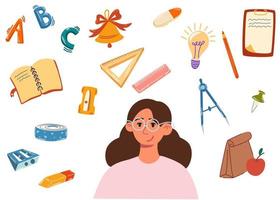 School supplies set. Hello school lettering. Little cute girl is going to study. Children's subjects. Vector illustration in a flat style on a white background. All objects are isolated