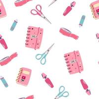 Stationery seamless pattern. Back to school. Notepad, Pen, Eraser, Marker, Sharpener and Scissors. Endless background in childish style for fabric, textile, kids and wallpaper. Vector illustration