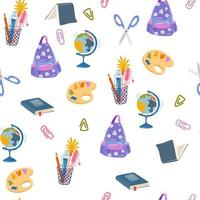 Stationery seamless pattern. Back to school. Notepad, Pen, Eraser, Marker, Sharpener and Scissors. Endless background in childish style for fabric, textile, kids and wallpaper. Vector illustration