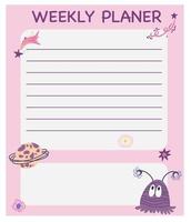 Pages templates for kids planner, diary with cosmos. Sheet of papers for notebook, organizer. Printable paper sheets for organizer. Backgrounds with lines for plans, notes. Flat vector illustrations