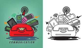 conjunto de varios teléfonos clásicos y modernos y teléfonos celulares. alámbricos, celulares y teléfonos móviles. iconos de estilo retro vintage. ilustración vectorial dibujada a mano. disponible en modo de dos colores. vector