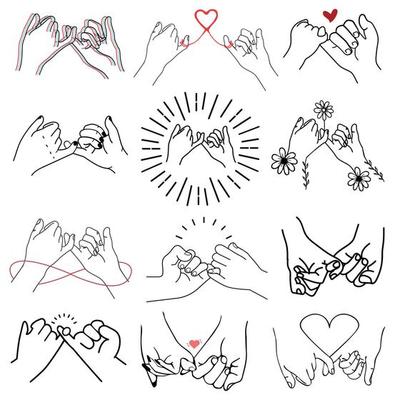 Illustration line drawing a hands making promise as a friendship concept.  Loving couple holding hands. Hands of two people hook their little fingers  together. Pinky promise design for shirt or jacket 6213413
