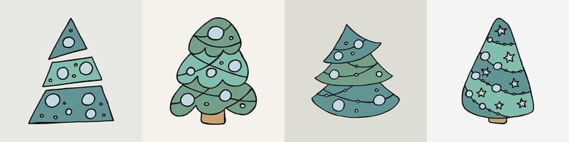 A hand-drawn christmas tree. Vector illustration in doodle style. Winter mood. Hello 2023. Merry Christmas and Happy New Year. Green trees with a blue toys on a gray background.