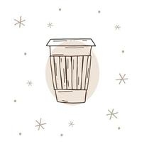 Paper cup of coffee with a snowflakes on a white and brown background. Vector illustration in doodle style. Winter mood. Hello 2023. Merry Christmas and Happy New Year.