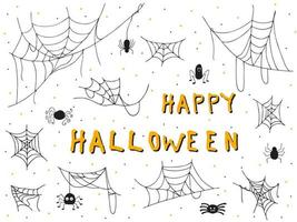 halloween 2022 - 31 de octubre. una fiesta tradicional. truco o trato. ilustración vectorial en estilo garabato dibujado a mano. conjunto de siluetas de telarañas. vector