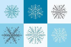 A set of hand-drawn snowflakes. Vector illustration in doodle style. Winter mood. Hello 2023. Merry Christmas and Happy New Year. White, blue and gray elements on a light blue background.