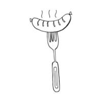 Oktoberfest 2022 - Beer Festival. Hand-drawn Doodle outline bavarian sausage on a fork on a white background. German Traditional holiday. vector