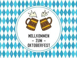 Oktoberfest 2022 - Beer Festival. Hand-drawn set of Doodle Elements. German Traditional holiday. Colored wooden mugs with lettering and blue rhombuses on a white background. vector