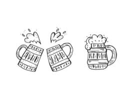 Oktoberfest 2022 - Beer Festival. Hand-drawn set of Doodle Elements. German Traditional holiday. Outline of a wooden beer mug on a white background. vector