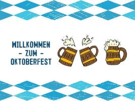 Oktoberfest 2022 - Beer Festival. Hand-drawn Doodle elements. Round emblem with beer mugs and text with blue diamonds with texture. The inscription in German - welcome to Oktoberfest. vector