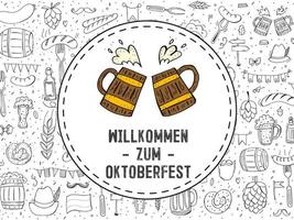 Oktoberfest 2022 - Beer Festival. Hand-drawn Doodle elements. Round emblem with beer mugs and text with a pattern of outline elements. The inscription in German - welcome to Oktoberfest. vector