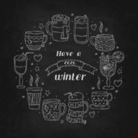 Set of a warming winter drinks on a black chalk board. Vector illustration in doodle style. Winter mood. Hello 2023. Merry Christmas and Happy New Year.