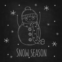 Cute snowman with snowflakes on a black chalk board. Vector illustration in doodle style. Winter mood. Hello 2023. Merry Christmas and Happy New Year.