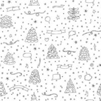árboles de Navidad, cintas y copos de nieve. de patrones sin fisuras con elementos de doodle de invierno. estado de ánimo de invierno. hola 2023. feliz navidad y próspero año nuevo. vector