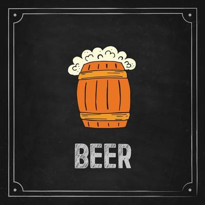 Oktoberfest 2022 - Beer Festival. Hand-drawn Doodle Elements. German Traditional holiday. Color barrel of beer on a black chalk board with lettering.