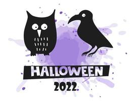Halloween 2022 - October 31. A traditional holiday. Trick or treat. Vector illustration in hand-drawn doodle style. Set of silhouettes of an owl and a raven with a purple watercolor spot.