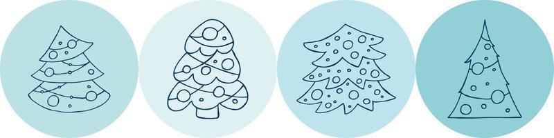 A set of hand-drawn christmas trees. Vector illustration in doodle style. Winter mood. Hello 2023. Merry Christmas and Happy New Year. Blue elements on a blue background.