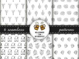 Set of seamless patterns. Oktoberfest 2022 - Beer Festival. Hand-drawn Doodle elements. Outline patterns with a round logo, beer mugs and text. The inscription in German - welcome to Oktoberfest. vector