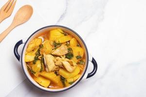 Chicken and Potato Curry with Basil Leaves in a Thai White Bowl photo