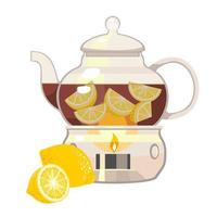 Lemon tea in a glass teapot on a burning candle. vector