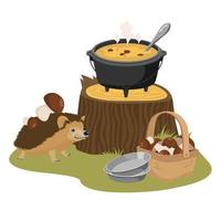 Hedgehog with mushrooms at the stump on the edge of the forest. A pot of mushroom soup. Camping. vector