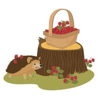 Hedgehog with wild strawberries on the edge of the forest. Strawberry basket on the stump. vector