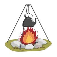 A burning bonfire with a boiling kettle on a tripod. vector