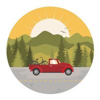 un paisaje forestal con un coche que lleva una bicicleta en el maletero. emblema de aventura. vector