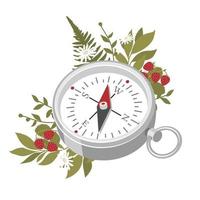 Tourist compass with a forest bouquet of twigs and strawberries. vector