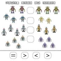 Count the number of cartoon colored  robots and compare. Educational math game for children. vector