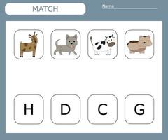 Find the first letter of the pets and connect. Educational game for children. vector